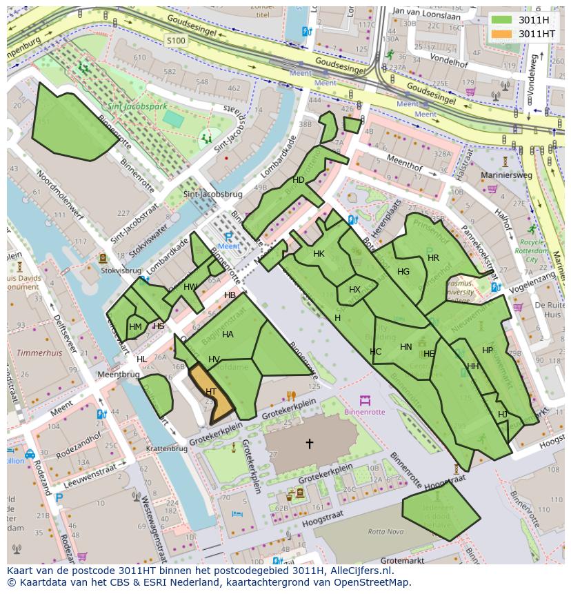 Afbeelding van het postcodegebied 3011 HT op de kaart.