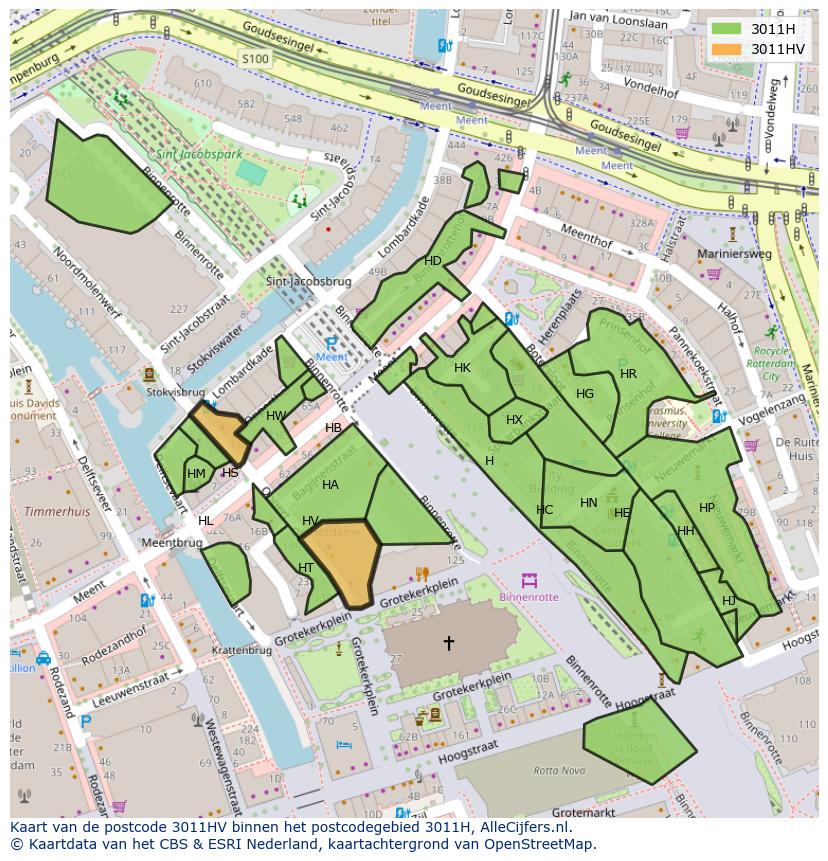 Afbeelding van het postcodegebied 3011 HV op de kaart.
