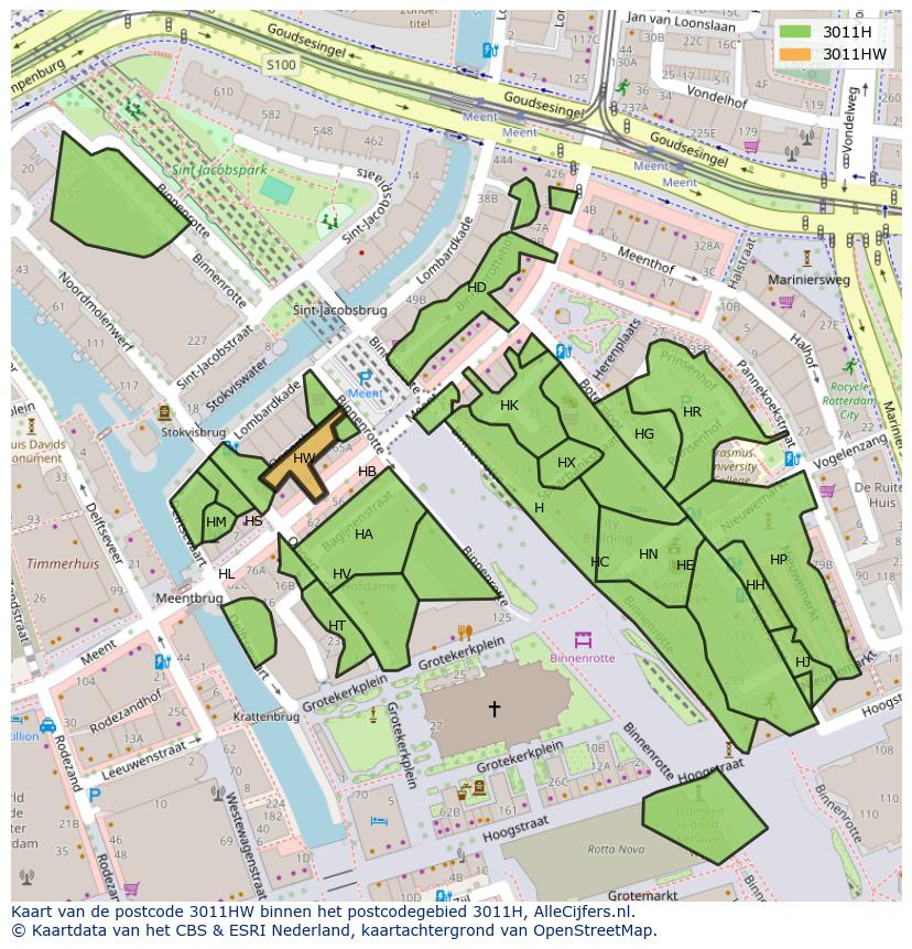 Afbeelding van het postcodegebied 3011 HW op de kaart.