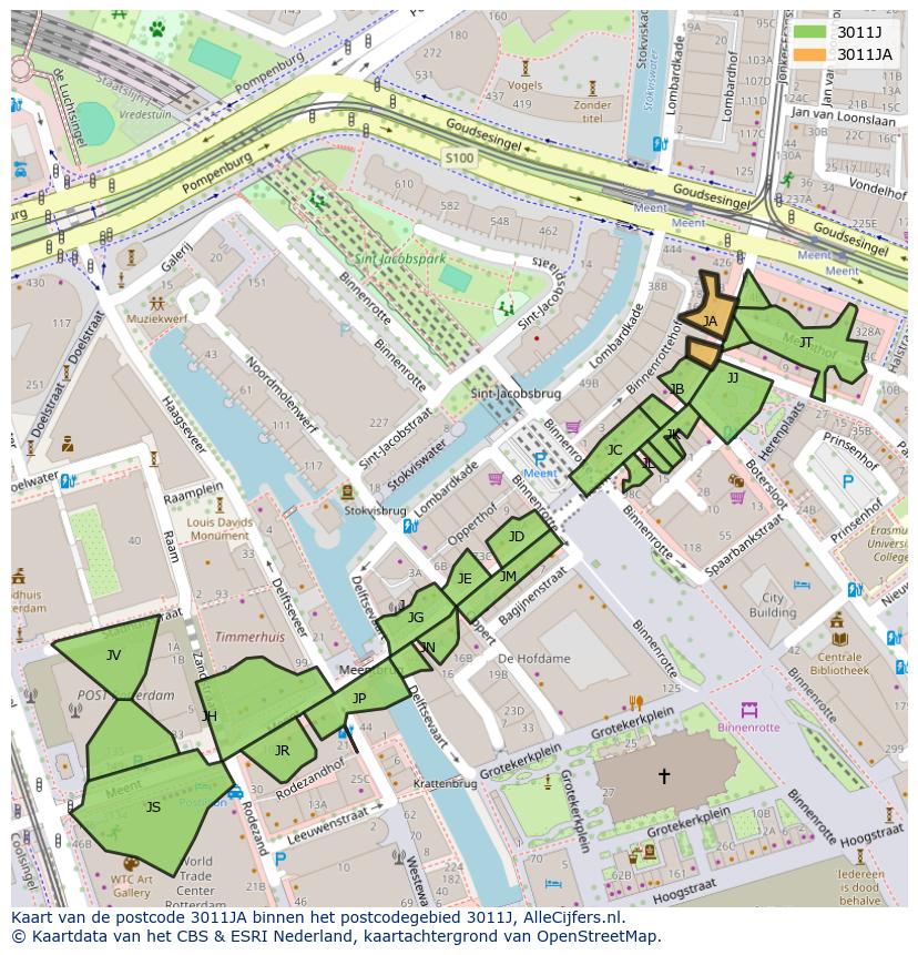 Afbeelding van het postcodegebied 3011 JA op de kaart.