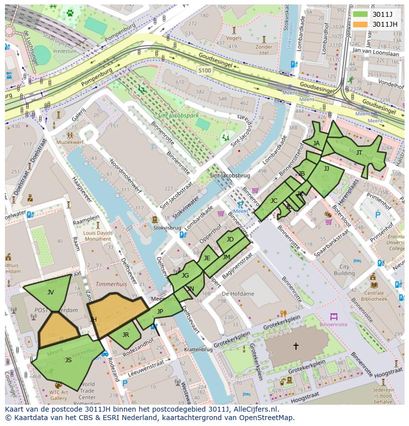 Afbeelding van het postcodegebied 3011 JH op de kaart.
