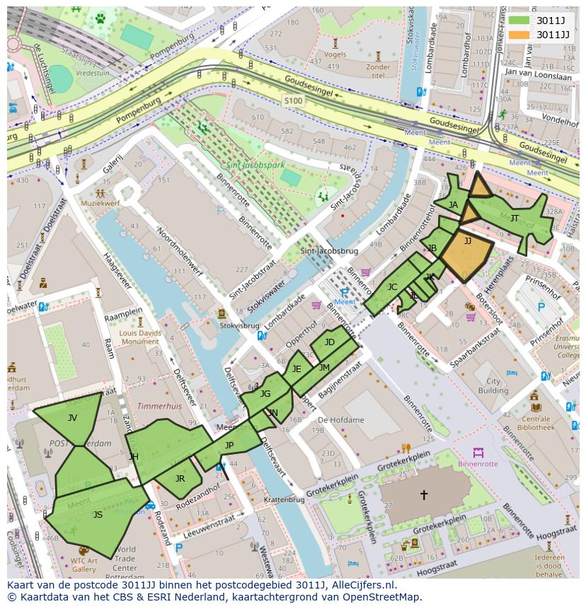 Afbeelding van het postcodegebied 3011 JJ op de kaart.