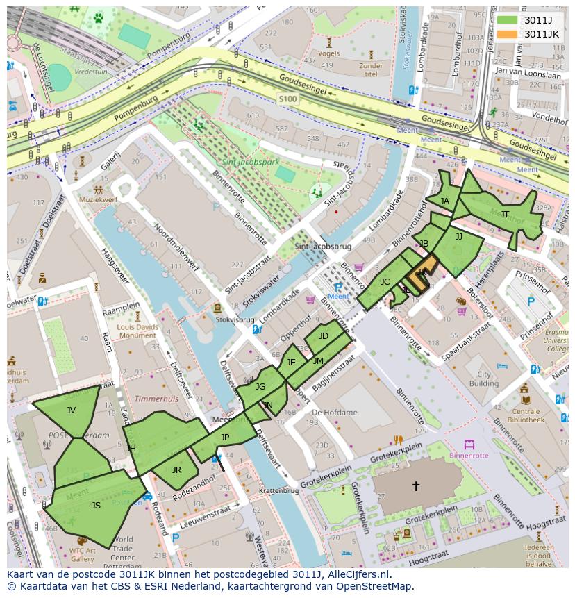Afbeelding van het postcodegebied 3011 JK op de kaart.