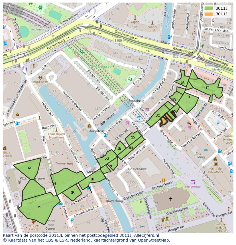 Afbeelding van het postcodegebied 3011 JL op de kaart.