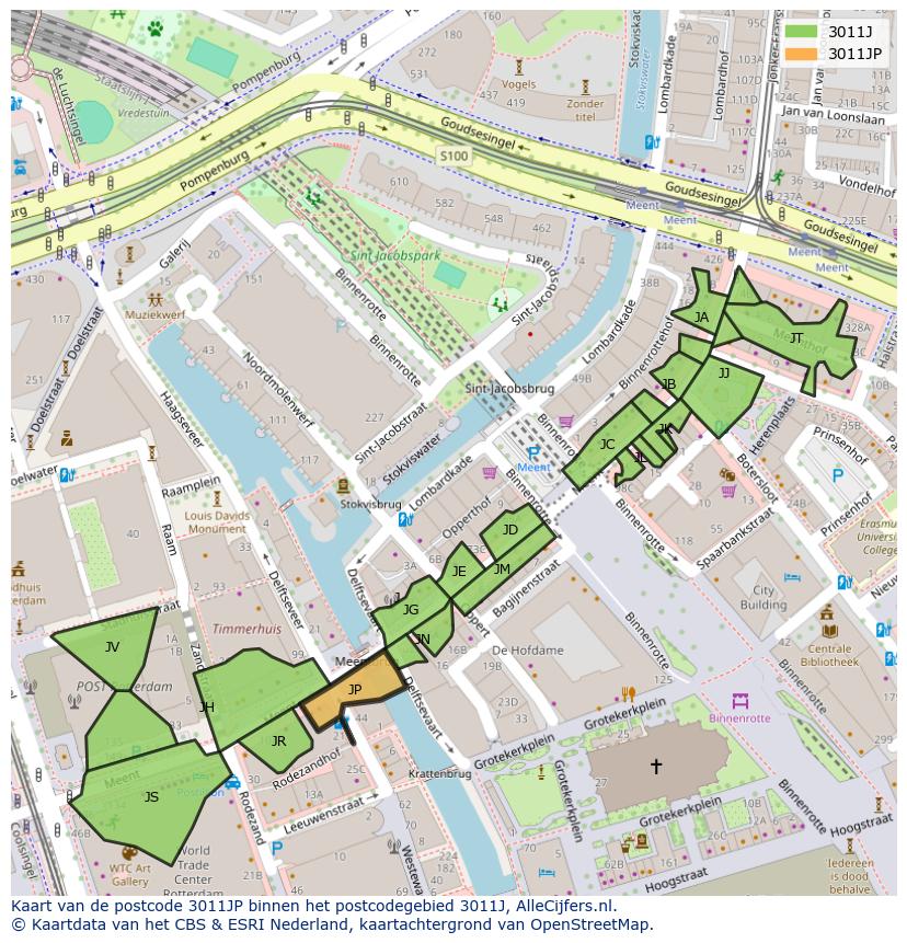 Afbeelding van het postcodegebied 3011 JP op de kaart.