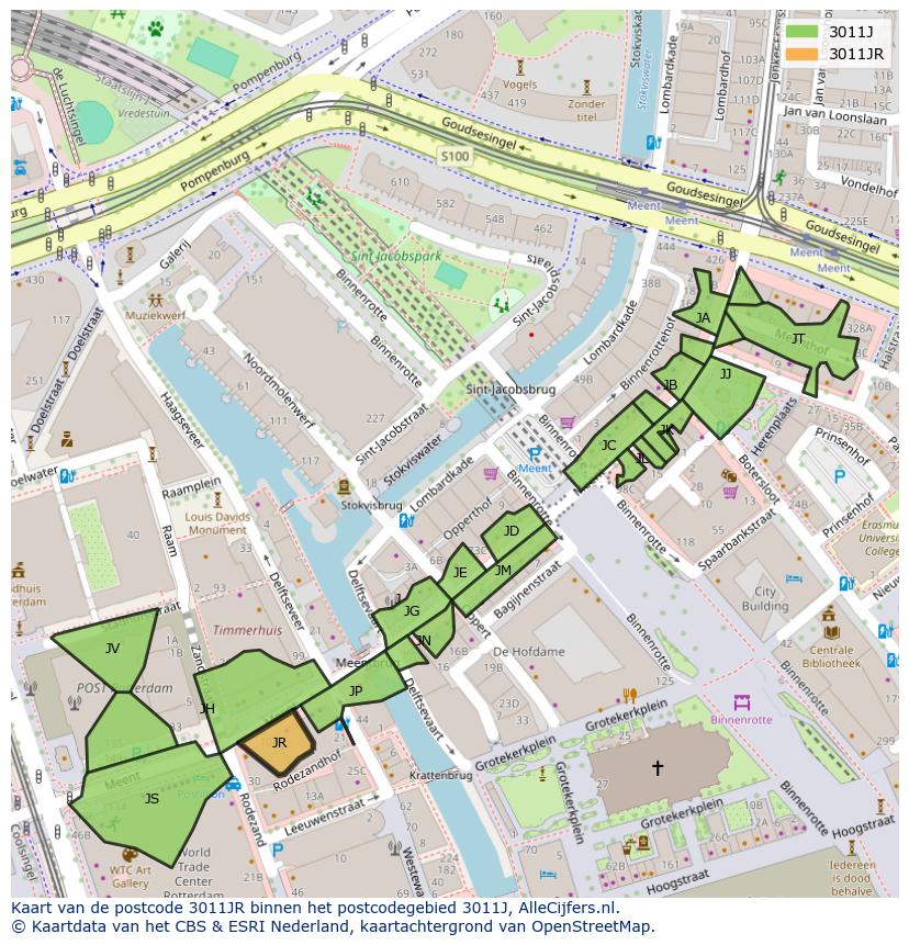 Afbeelding van het postcodegebied 3011 JR op de kaart.
