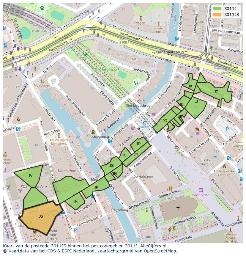 Afbeelding van het postcodegebied 3011 JS op de kaart.