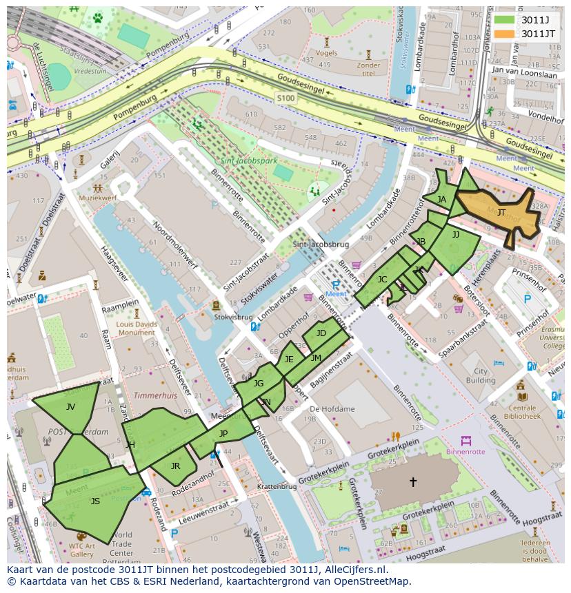 Afbeelding van het postcodegebied 3011 JT op de kaart.