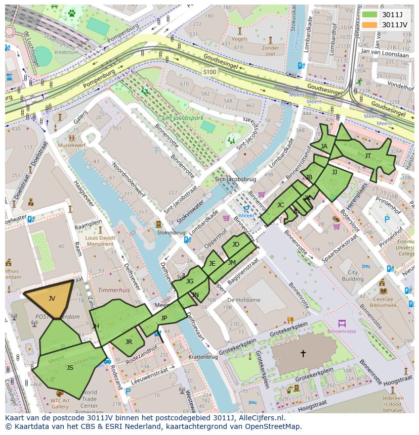 Afbeelding van het postcodegebied 3011 JV op de kaart.