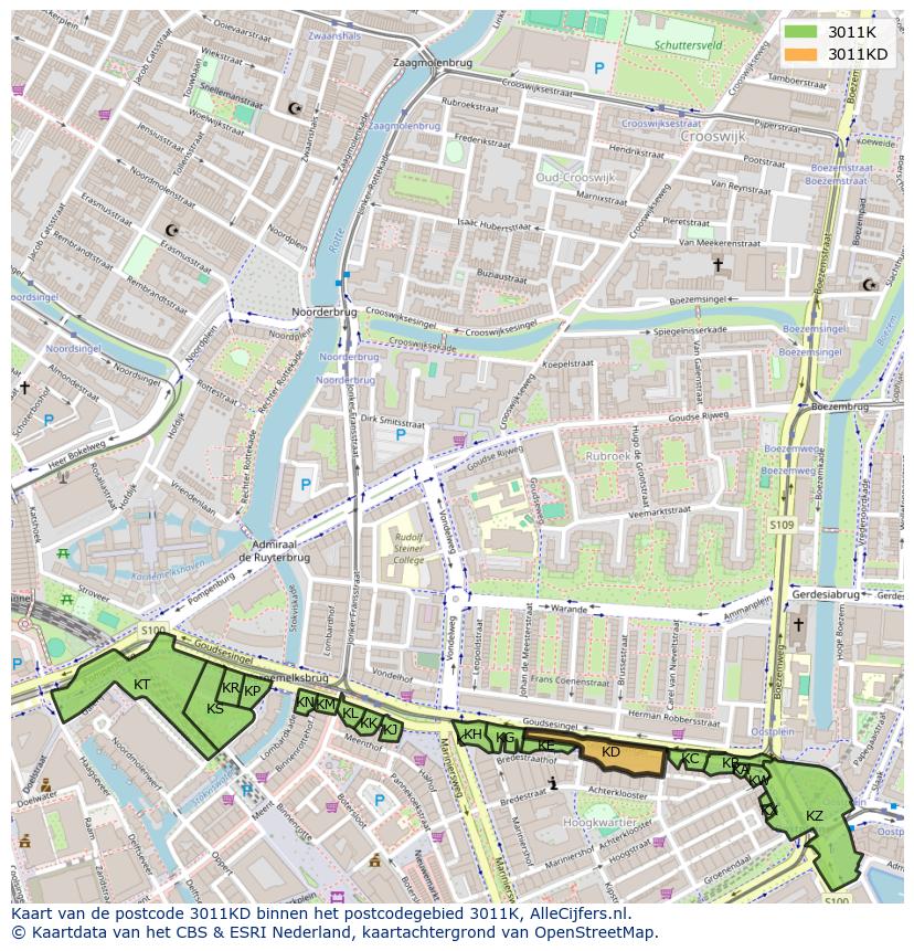 Afbeelding van het postcodegebied 3011 KD op de kaart.