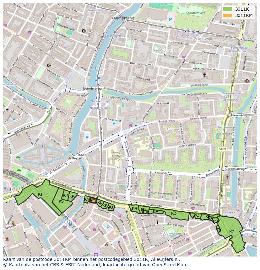 Afbeelding van het postcodegebied 3011 KM op de kaart.