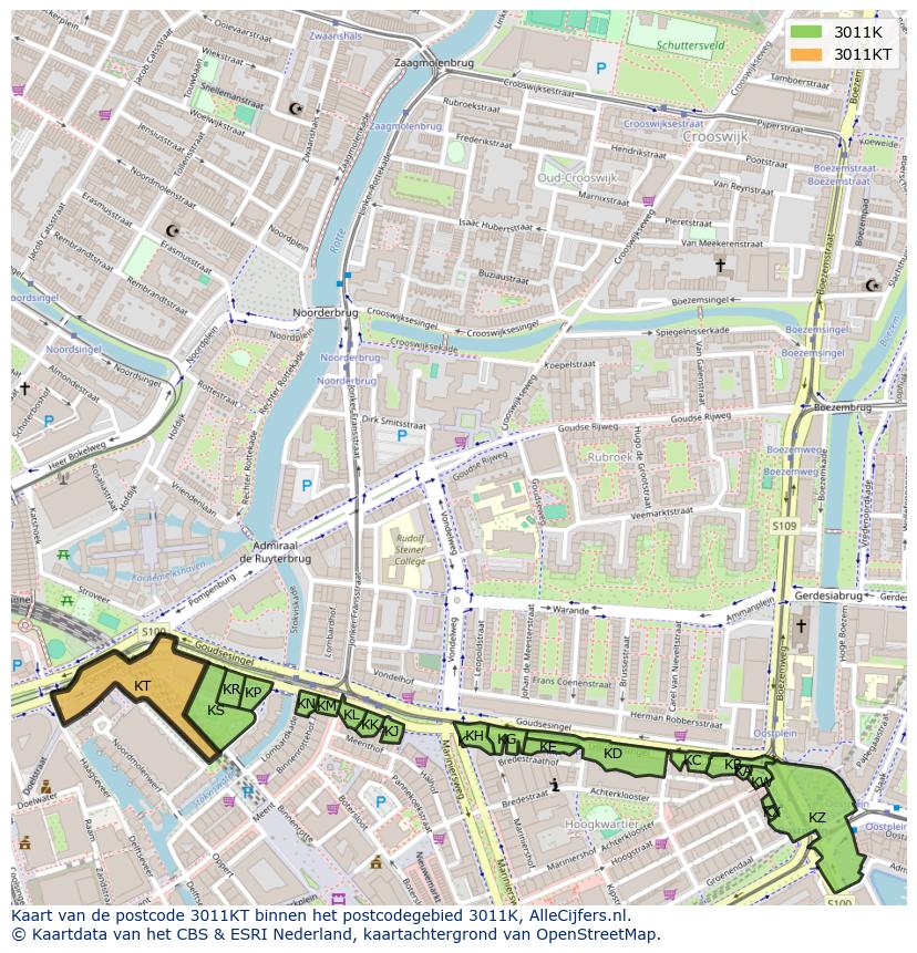 Afbeelding van het postcodegebied 3011 KT op de kaart.