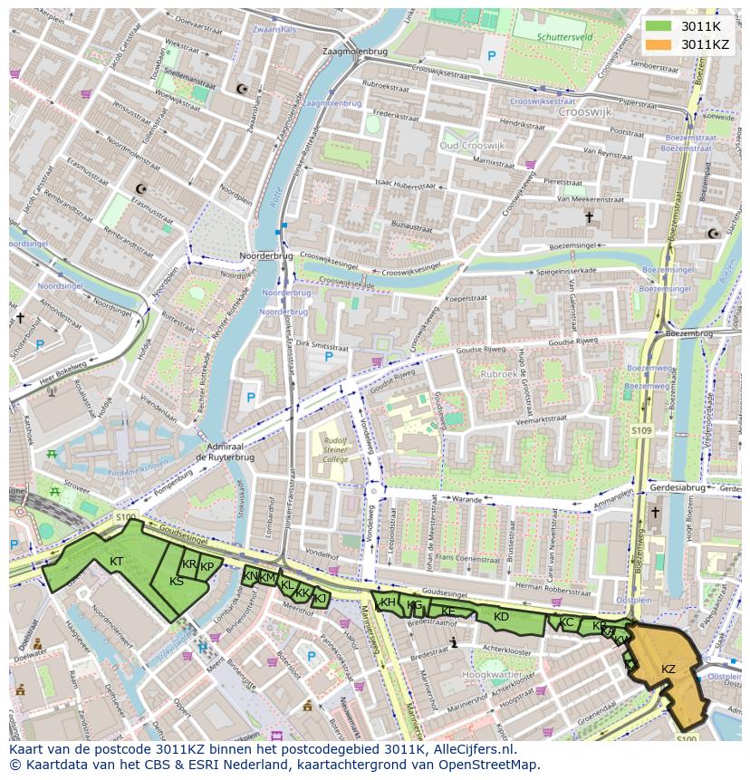 Afbeelding van het postcodegebied 3011 KZ op de kaart.