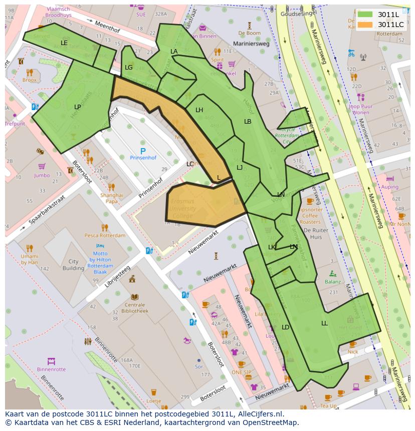 Afbeelding van het postcodegebied 3011 LC op de kaart.