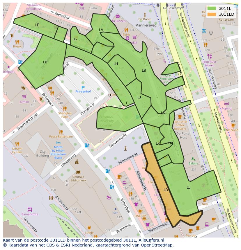 Afbeelding van het postcodegebied 3011 LD op de kaart.