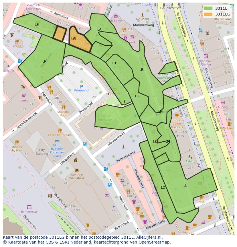 Afbeelding van het postcodegebied 3011 LG op de kaart.
