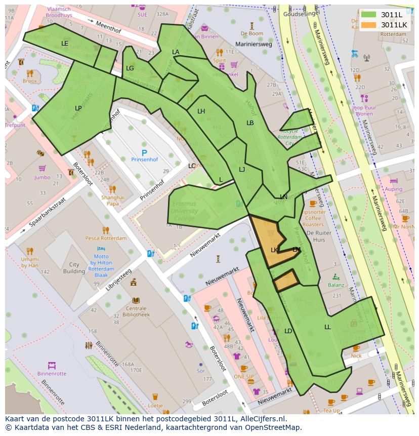 Afbeelding van het postcodegebied 3011 LK op de kaart.