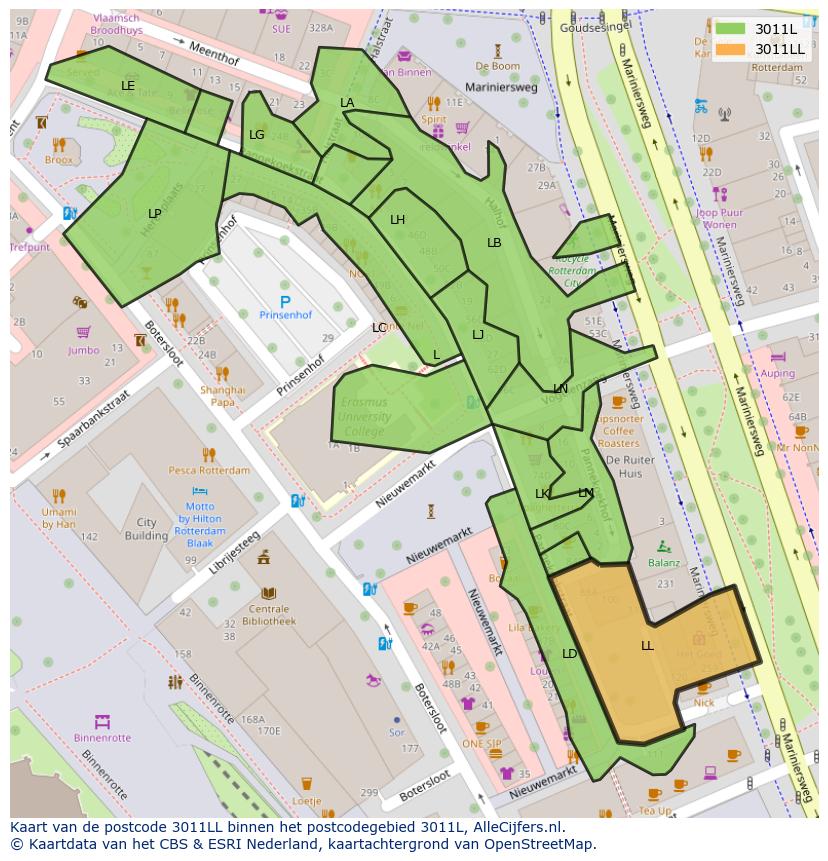 Afbeelding van het postcodegebied 3011 LL op de kaart.