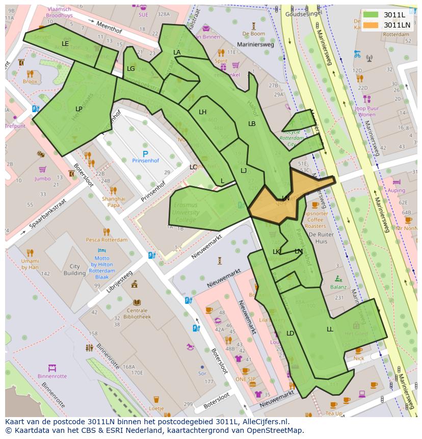 Afbeelding van het postcodegebied 3011 LN op de kaart.