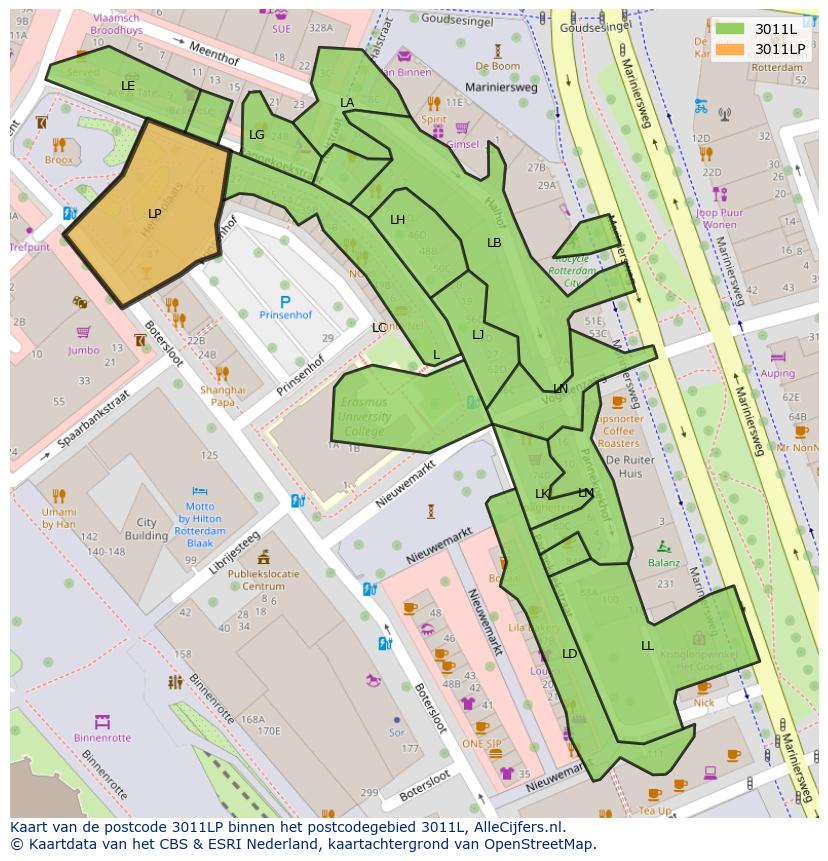 Afbeelding van het postcodegebied 3011 LP op de kaart.