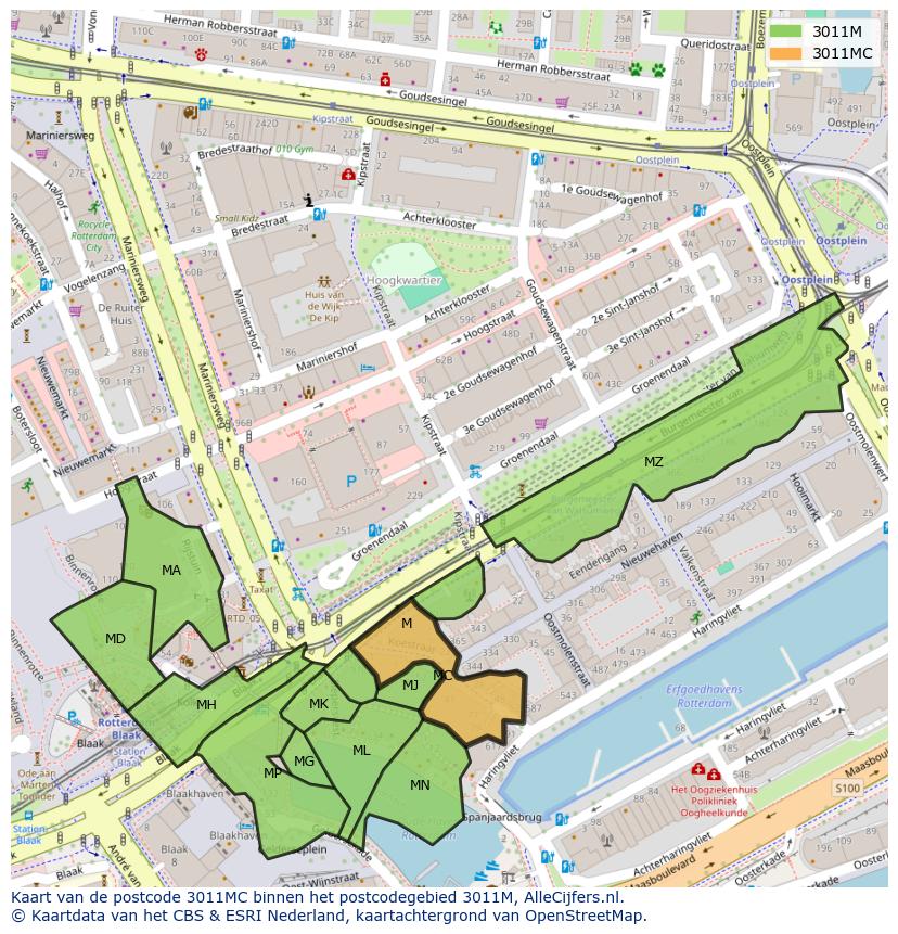Afbeelding van het postcodegebied 3011 MC op de kaart.