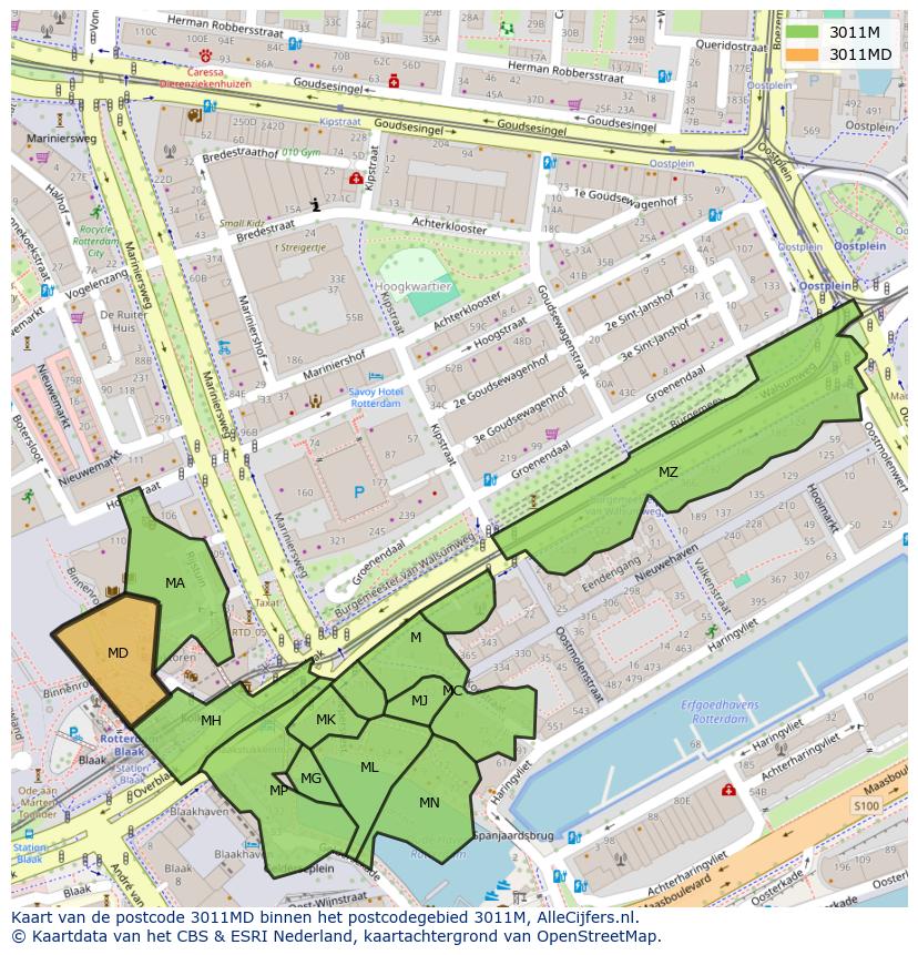 Afbeelding van het postcodegebied 3011 MD op de kaart.