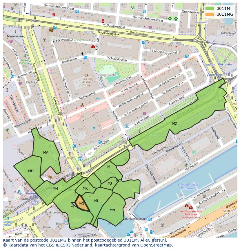 Afbeelding van het postcodegebied 3011 MG op de kaart.