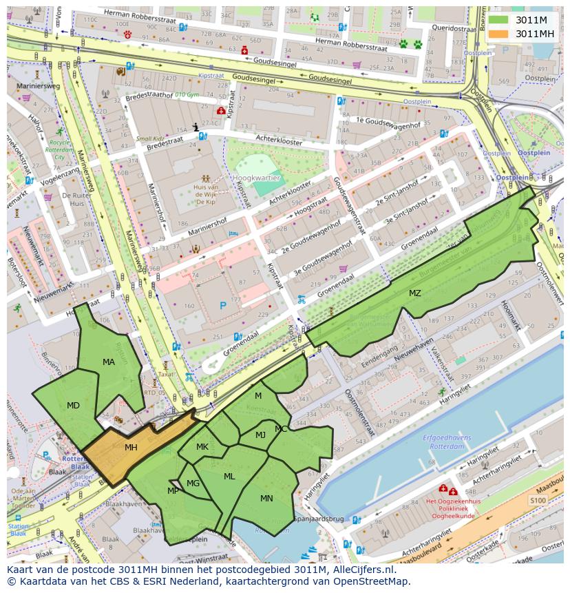 Afbeelding van het postcodegebied 3011 MH op de kaart.
