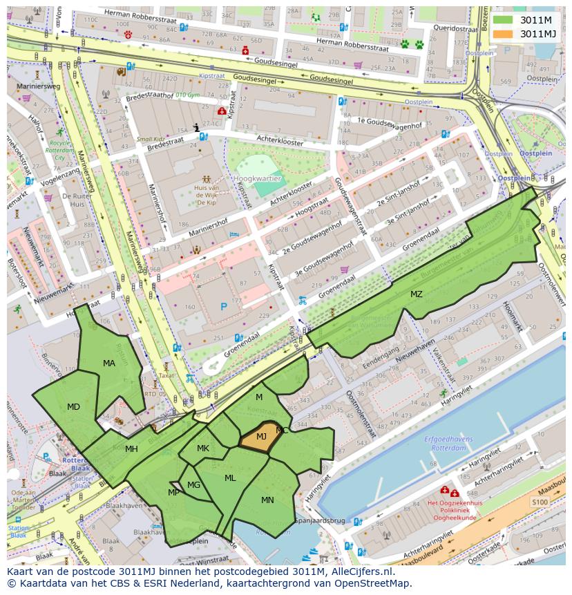 Afbeelding van het postcodegebied 3011 MJ op de kaart.