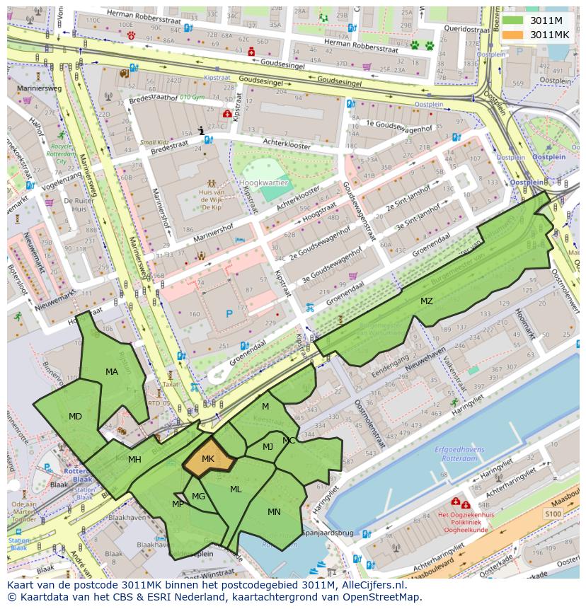 Afbeelding van het postcodegebied 3011 MK op de kaart.