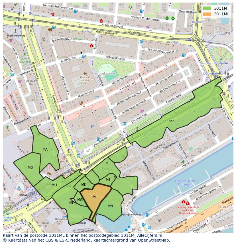 Afbeelding van het postcodegebied 3011 ML op de kaart.
