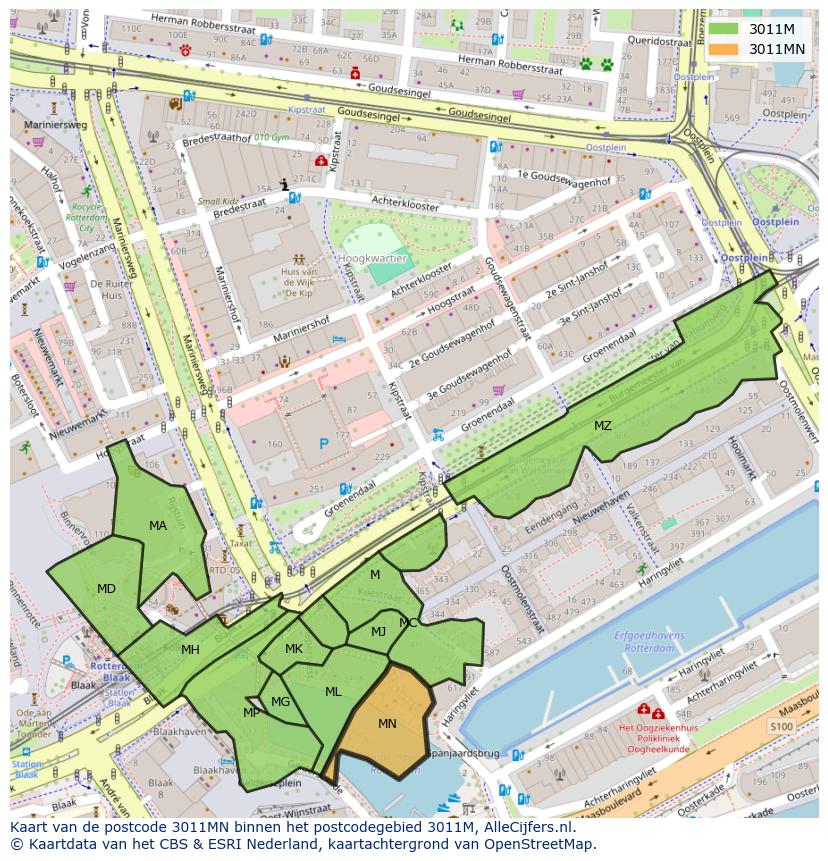 Afbeelding van het postcodegebied 3011 MN op de kaart.