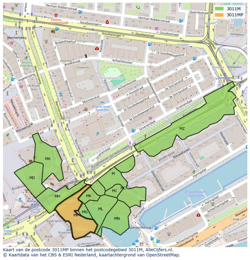 Afbeelding van het postcodegebied 3011 MP op de kaart.