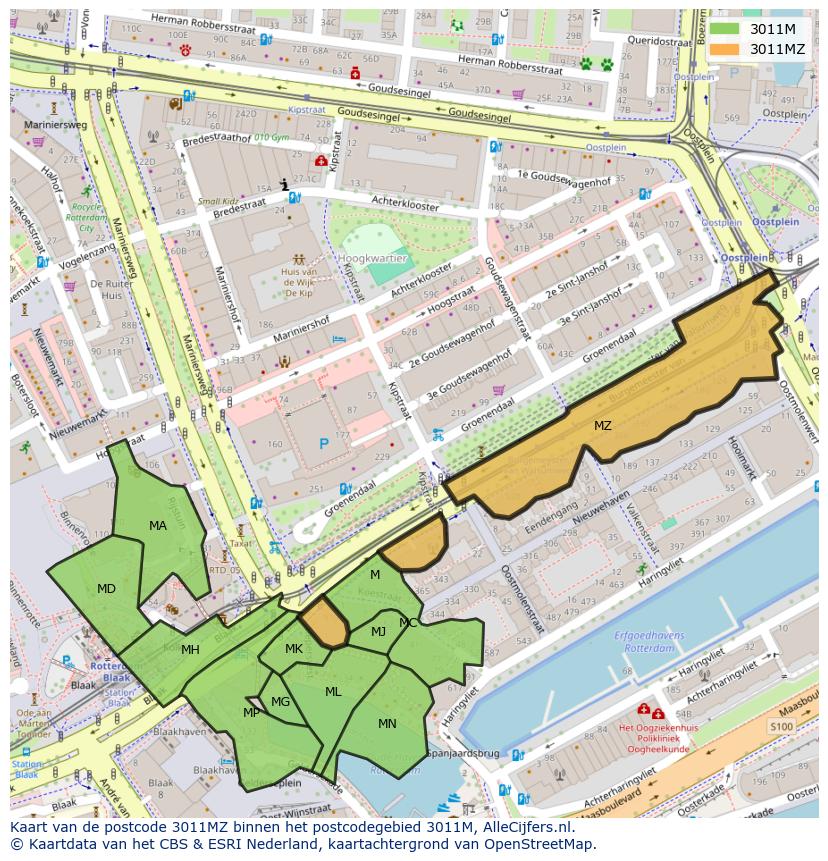 Afbeelding van het postcodegebied 3011 MZ op de kaart.