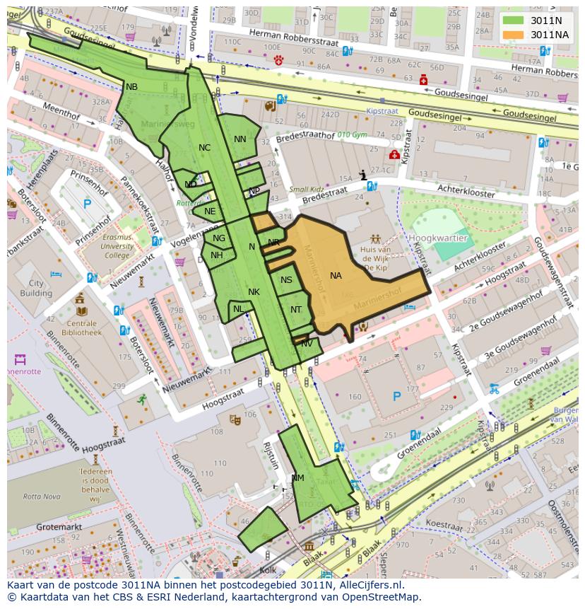 Afbeelding van het postcodegebied 3011 NA op de kaart.