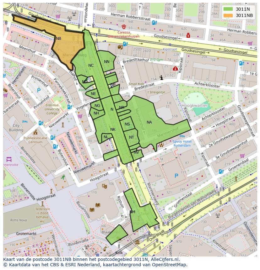 Afbeelding van het postcodegebied 3011 NB op de kaart.