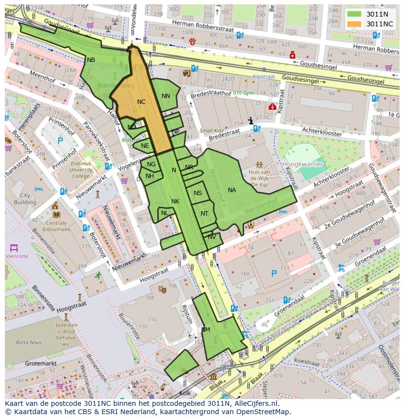 Afbeelding van het postcodegebied 3011 NC op de kaart.