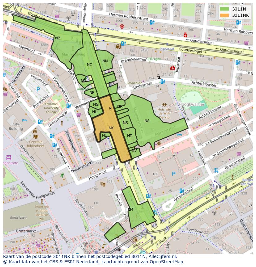 Afbeelding van het postcodegebied 3011 NK op de kaart.