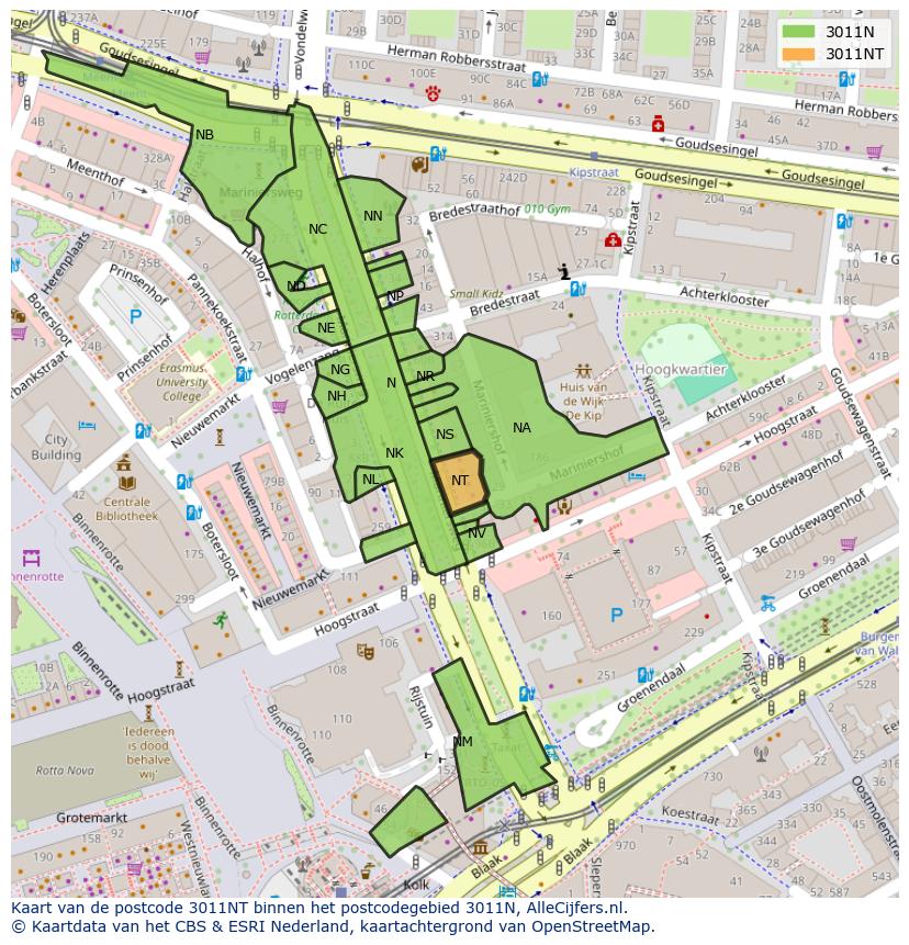 Afbeelding van het postcodegebied 3011 NT op de kaart.
