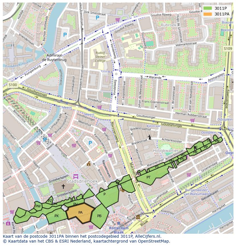 Afbeelding van het postcodegebied 3011 PA op de kaart.