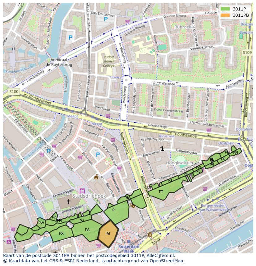 Afbeelding van het postcodegebied 3011 PB op de kaart.