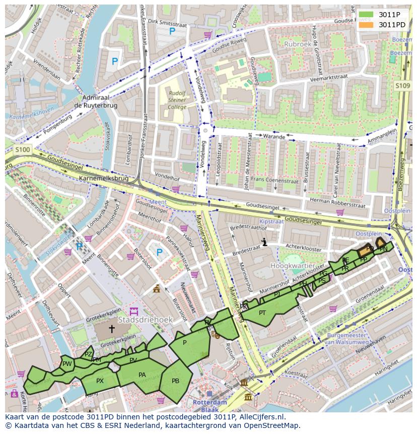 Afbeelding van het postcodegebied 3011 PD op de kaart.