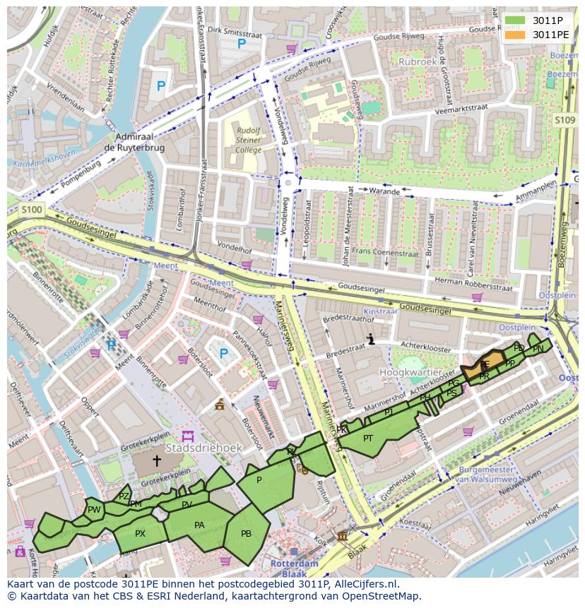 Afbeelding van het postcodegebied 3011 PE op de kaart.