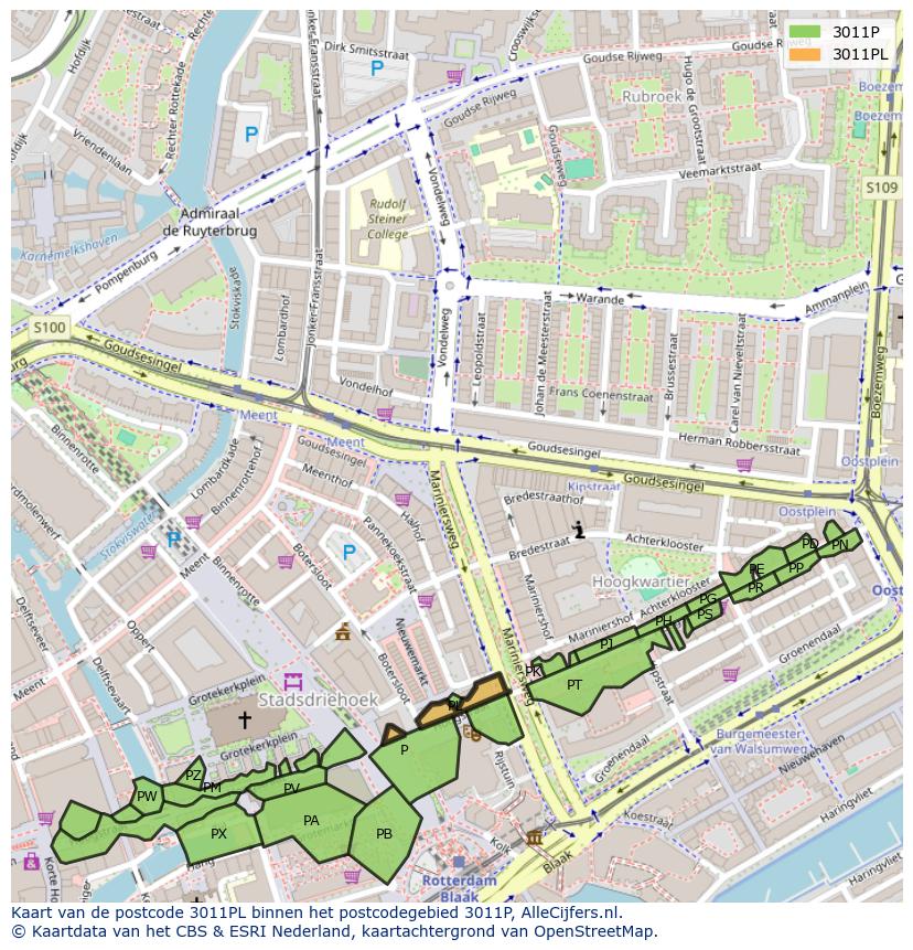 Afbeelding van het postcodegebied 3011 PL op de kaart.