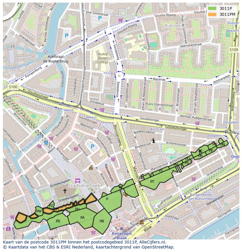 Afbeelding van het postcodegebied 3011 PM op de kaart.