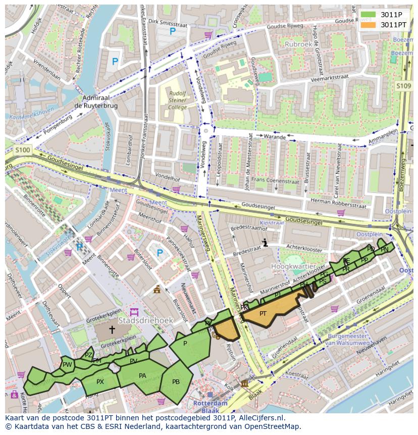 Afbeelding van het postcodegebied 3011 PT op de kaart.