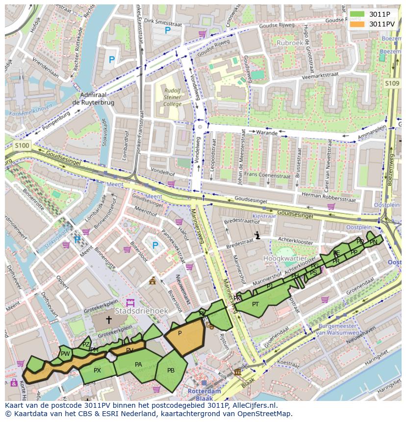 Afbeelding van het postcodegebied 3011 PV op de kaart.