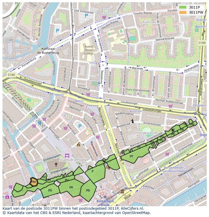 Afbeelding van het postcodegebied 3011 PW op de kaart.