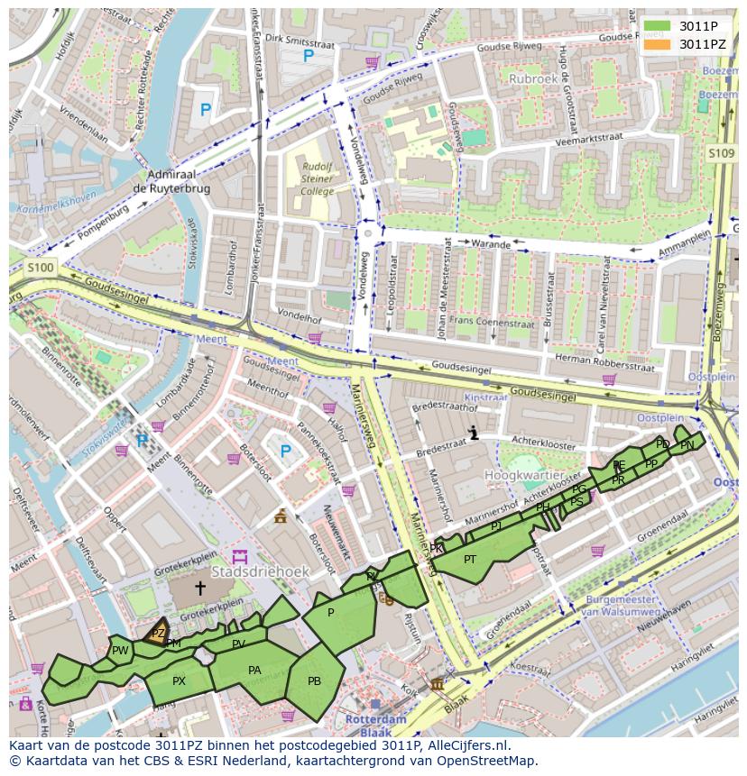 Afbeelding van het postcodegebied 3011 PZ op de kaart.