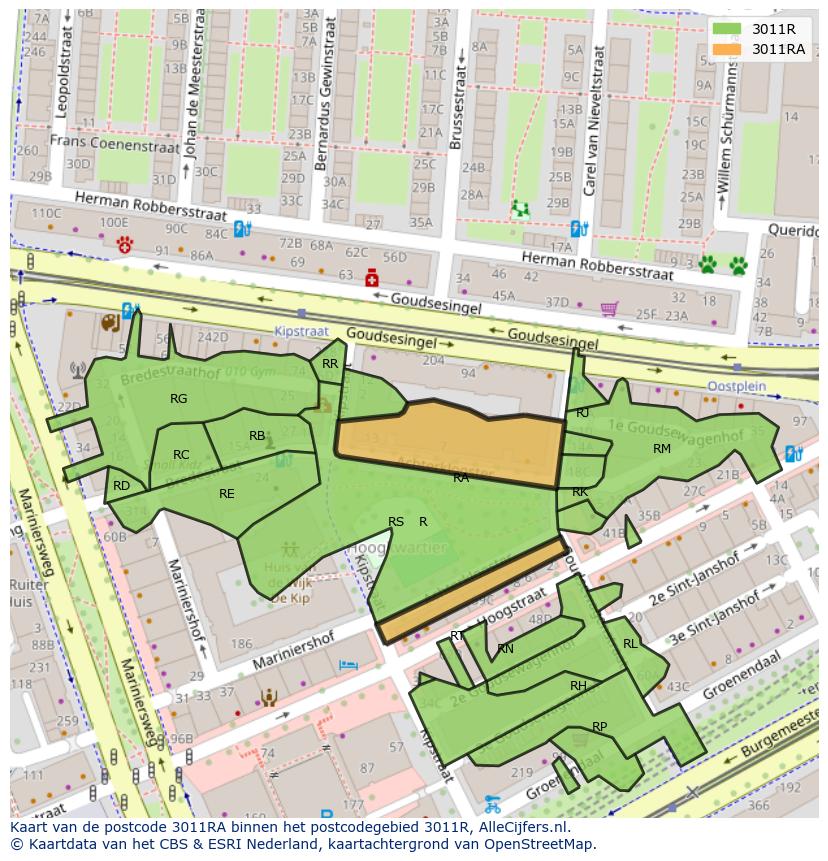 Afbeelding van het postcodegebied 3011 RA op de kaart.